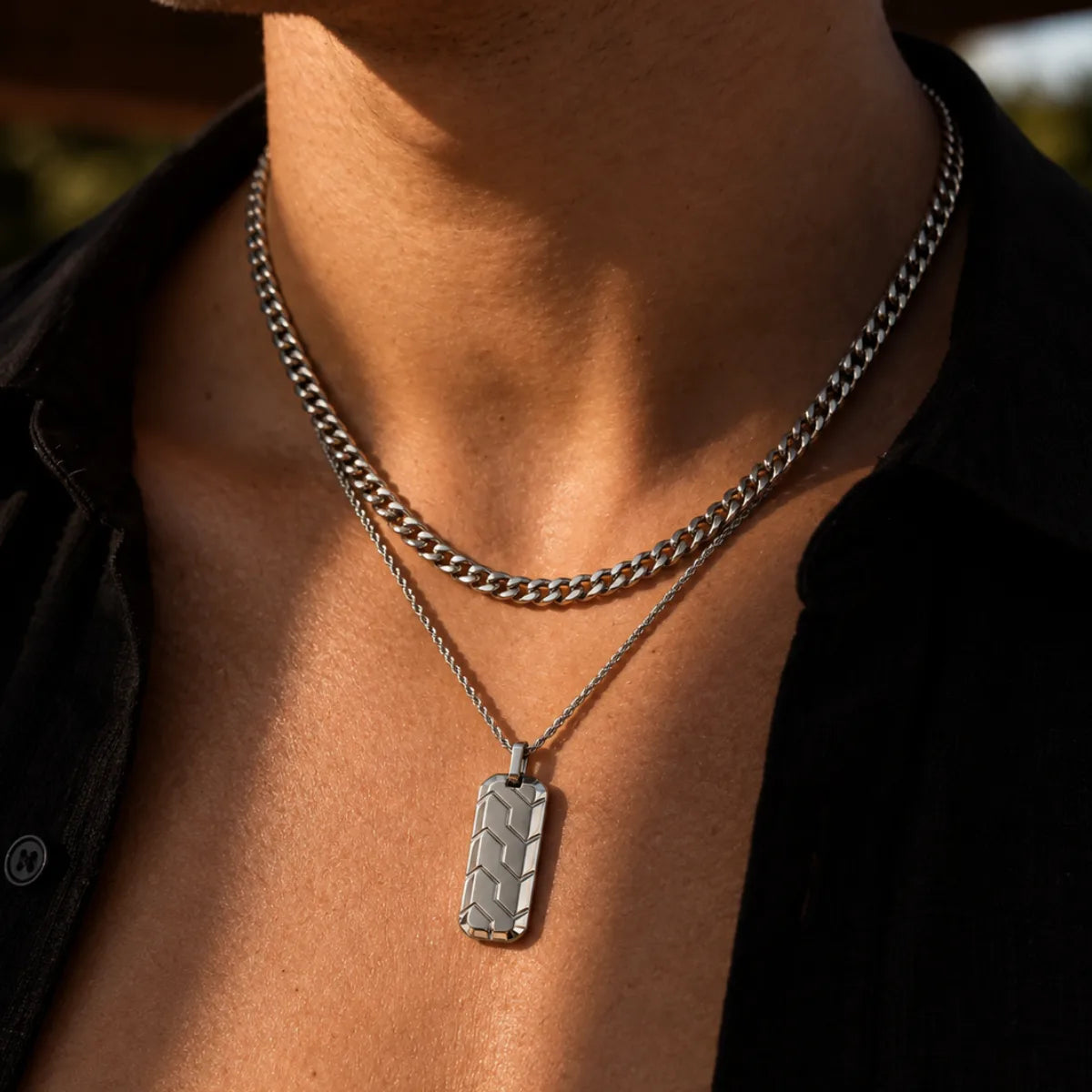 chevron dog tag necklace layered set lifestyle black shirt