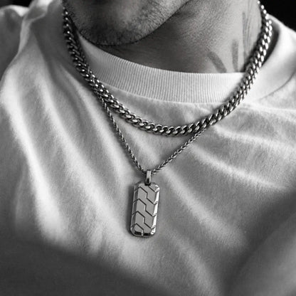 chevron dog tag necklace layered set lifestyle white shirt
