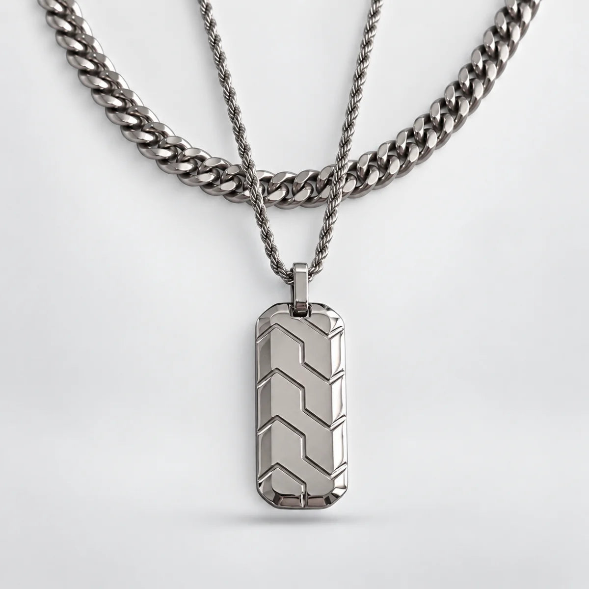 chevron dog tag necklace layered set white background