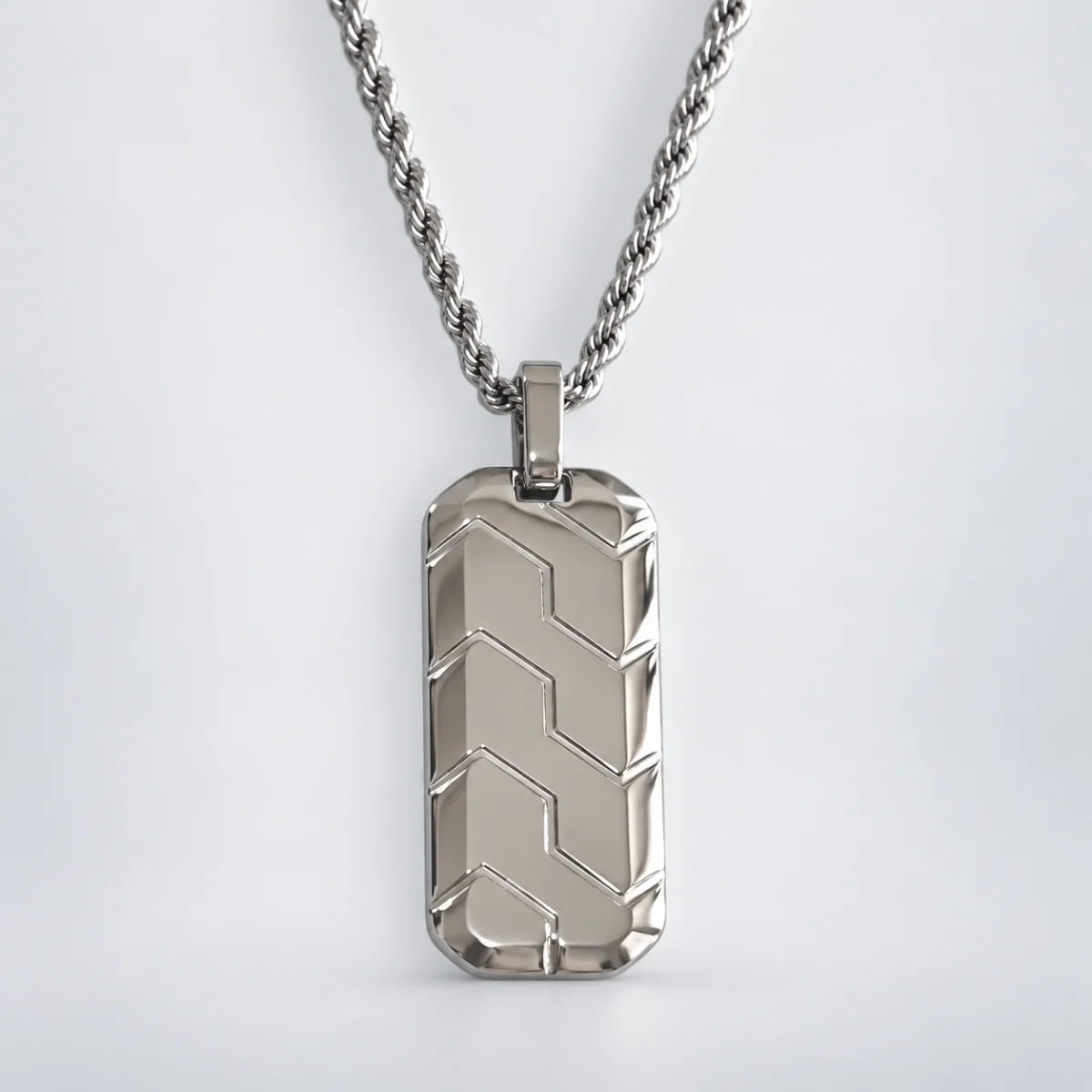 chevron dog tag necklace with rope chain white background