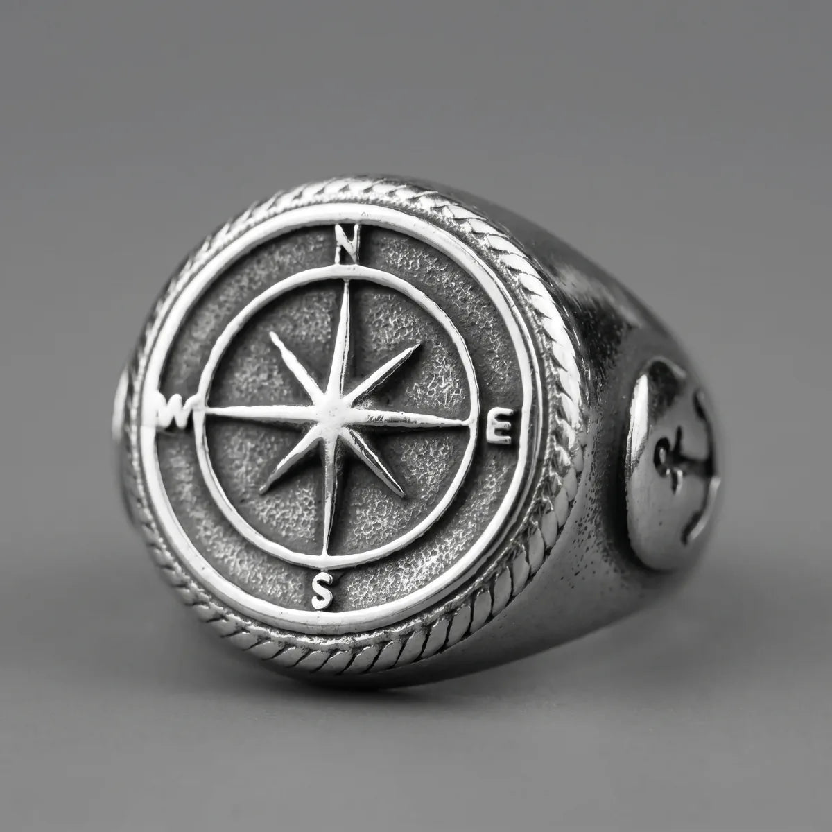 Close Up Compass Signet Ring Anchor Side Detail Wanderlust Mens Jewelry