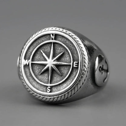 Close Up Compass Signet Ring Anchor Side Detail Wanderlust Mens Jewelry