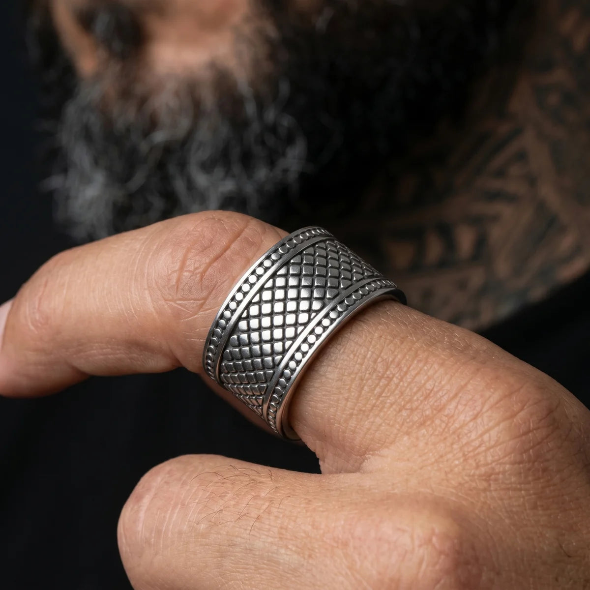 Close Up Hand Wearing 13mm Textured Band Ring Heavy Biker Accessories