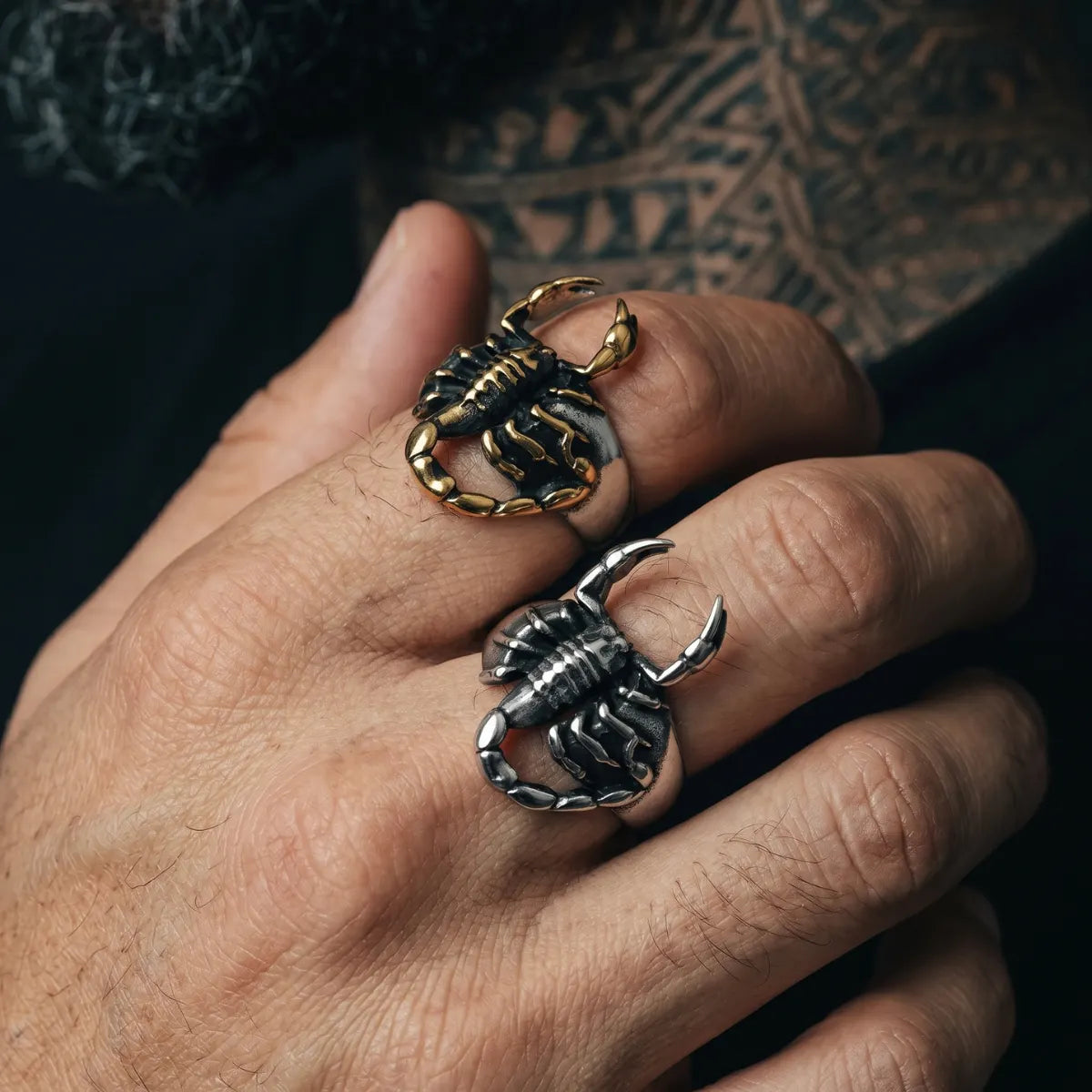 Close Up Hand Wearing 3D Scorpion Rings Duo Gothic Statement Jewelry
