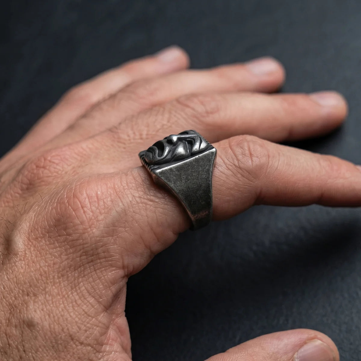Close Up Hand Wearing Cry Later Ring Chicano Style Mens Jewelry