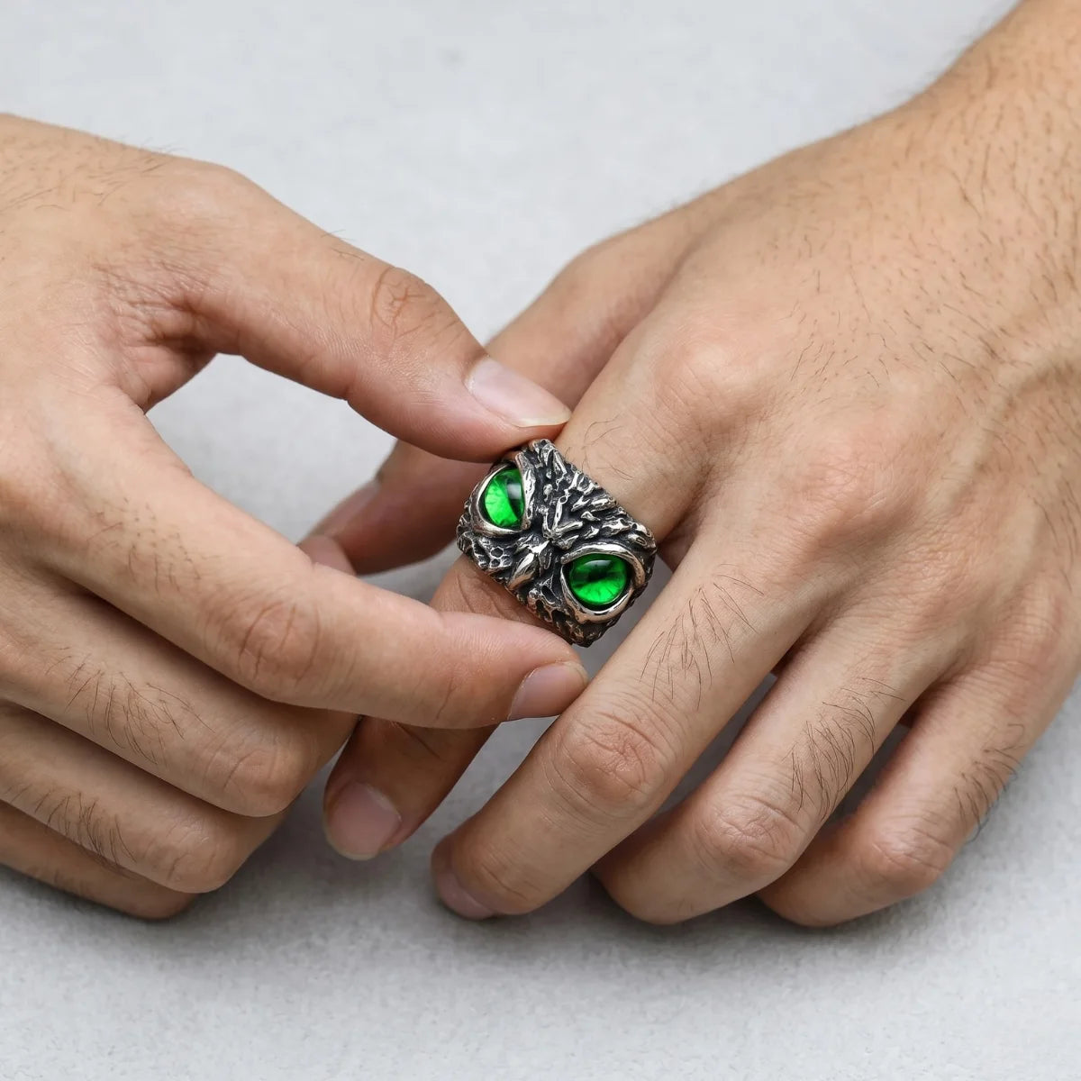 Close Up Hand Wearing Demon Owl Eye Ring Green Eye Dark Aesthetic Mens Jewelry