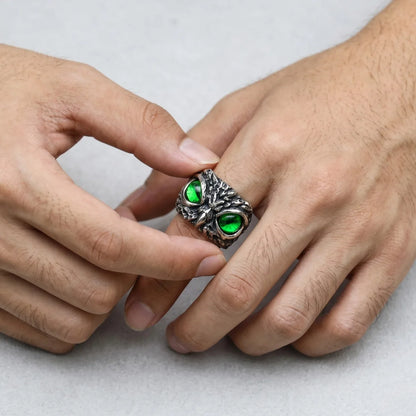 Close Up Hand Wearing Demon Owl Eye Ring Green Eye Dark Aesthetic Mens Jewelry