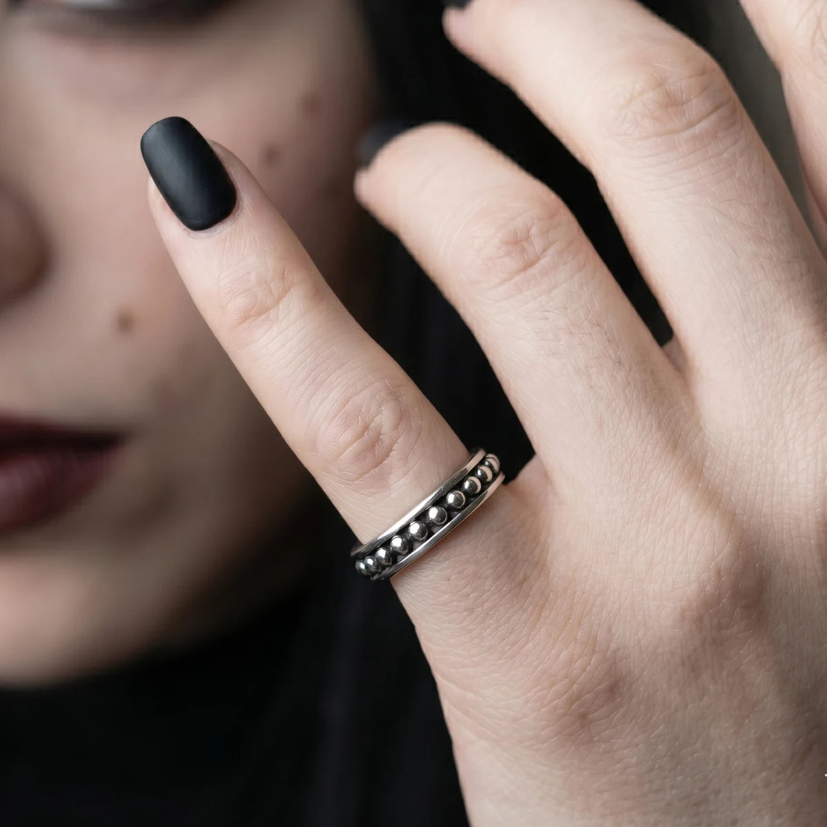 Close Up Hand Wearing Dot Band Ring Minimalist Punk Accessories