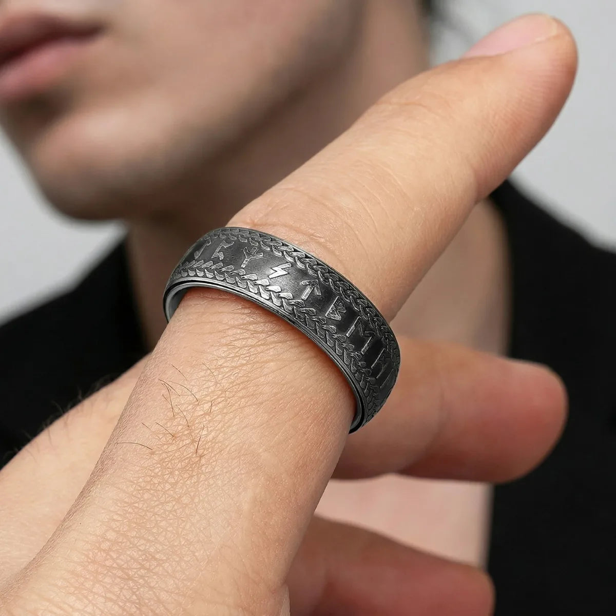 Close Up Hand Wearing Elder Futhark Ring Historic Mythology Jewelry