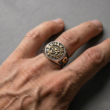 Close Up Hand Wearing Eye Of Horus Ring Ancient Symbol Mens Jewelry