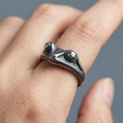 Close Up Hand Wearing Frog Ring Antique Silver Quirky Animal Jewelry