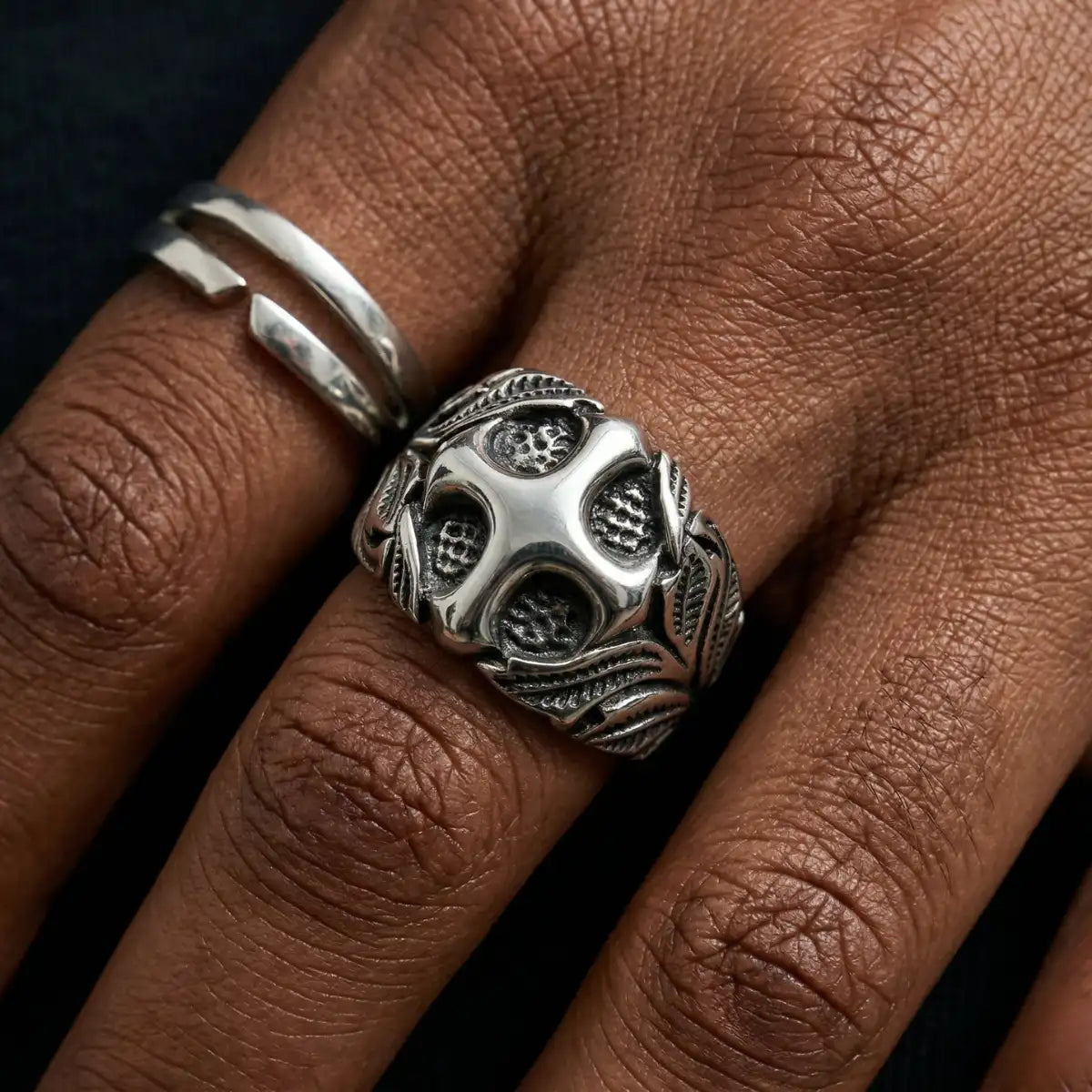 Close Up Hand Wearing Vintage Floral Cross Ring Mens Gothic Jewelry