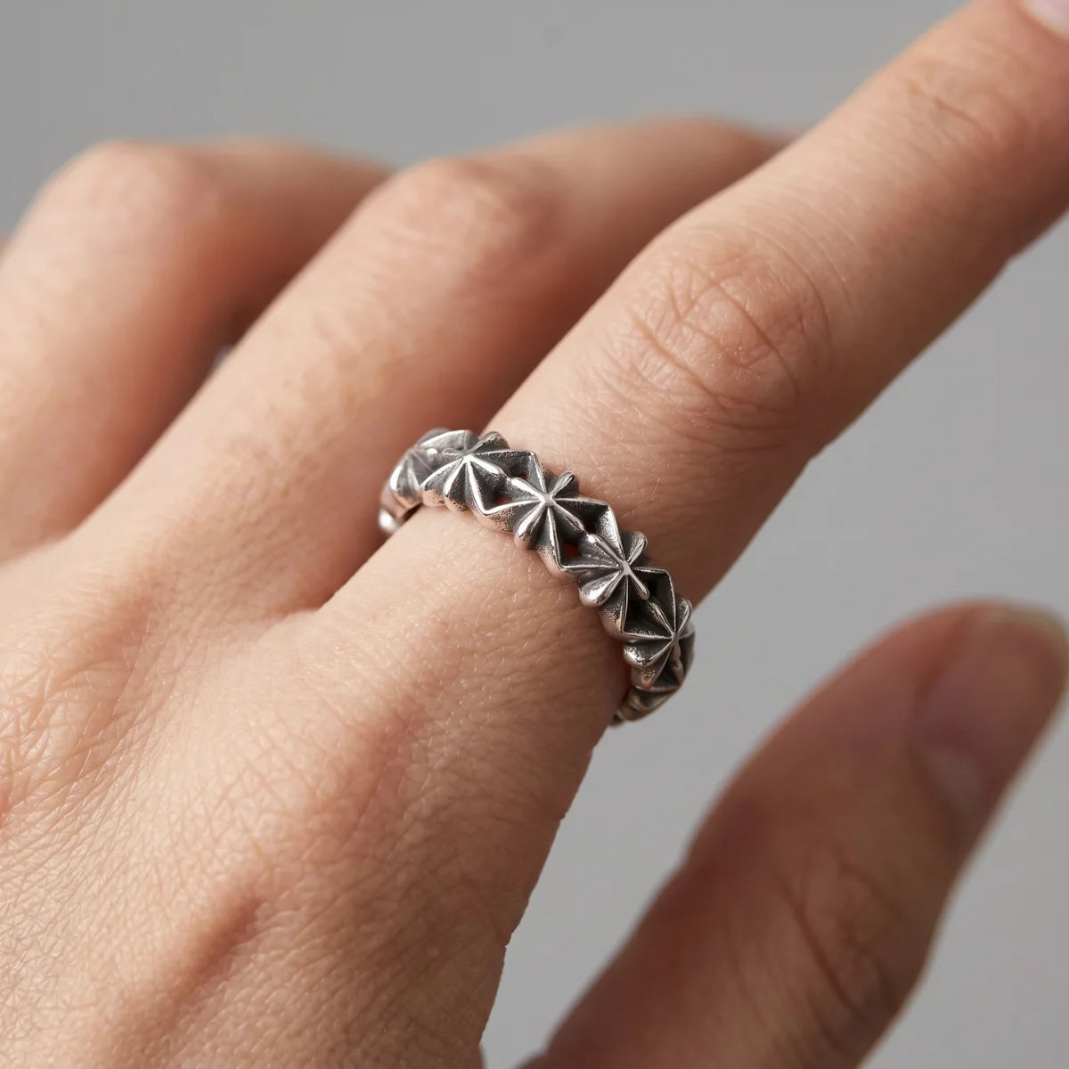 Close Up Hand Wearing Vintage Star Loop Ring Minimalist Gothic Ring Celestial Jewelry