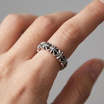 Close Up Hand Wearing Vintage Star Loop Ring Minimalist Gothic Ring Celestial Jewelry