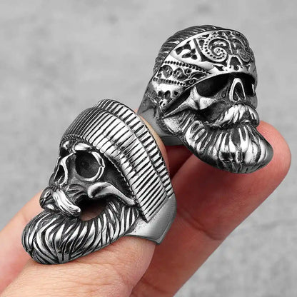 Close up holding silver Beard Skull Rings