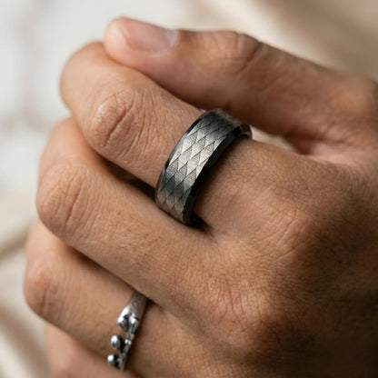 Close-up Man Wearing 8mm Black Snake Scale Tungsten Band