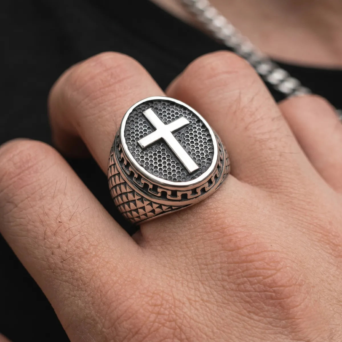 Close Up Man Wearing Dragon Scale Cross Ring Mens Christian Jewelry