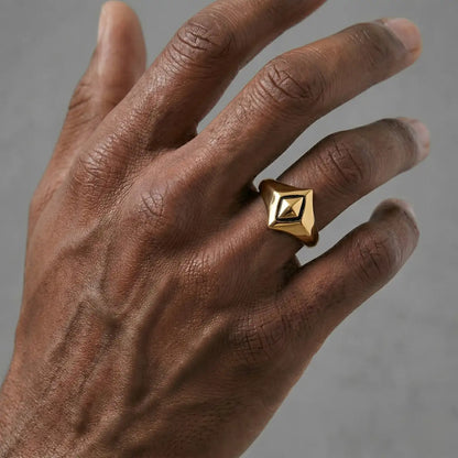 Close up of man wearing gold Geometric Rhombus Ring