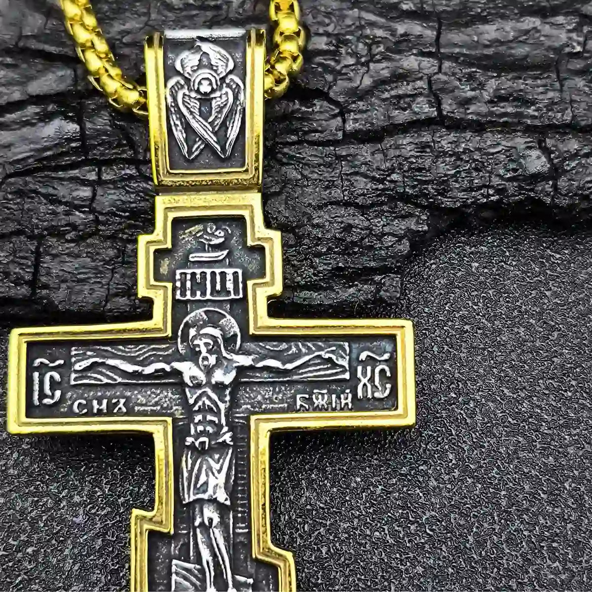 Close Up Orthodox Cross Necklace Gold Jesus Detail Mens Religious Gift