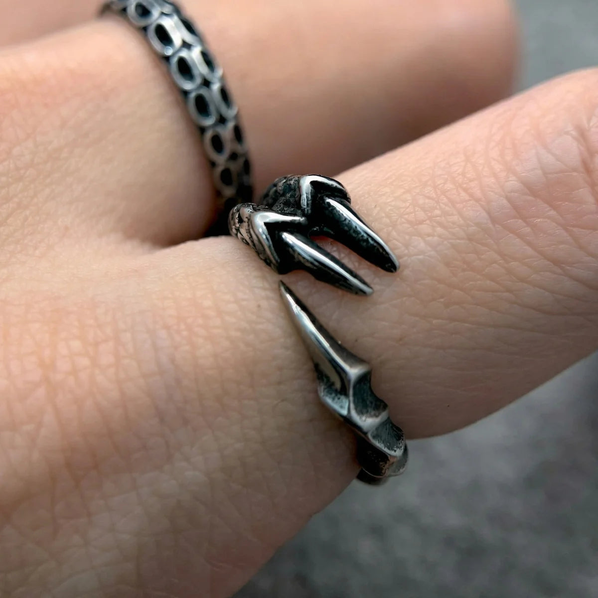 Close up of split shank silver Dragon Claw Ring
