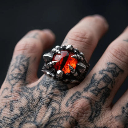 Close Up Tattooed Hand Wearing Dragon Eye Ring Red Eye Mens Fantasy Jewelry