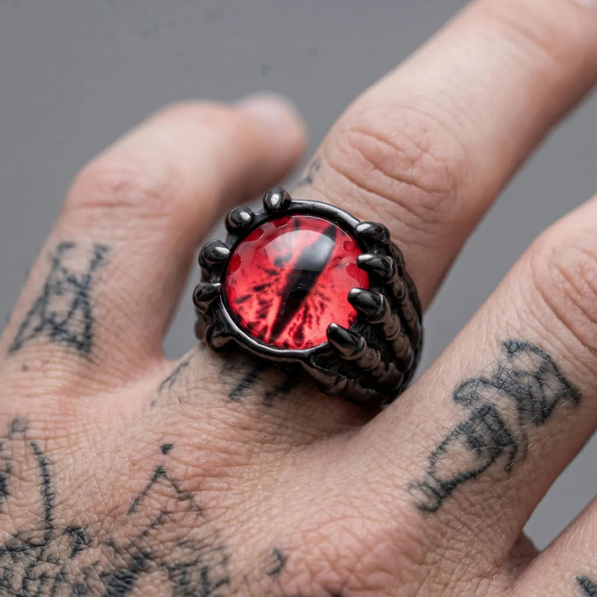Close Up Tattooed Hand Wearing Skeleton Eye Ring Red Eye Black Dark Aesthetic Mens Jewelry