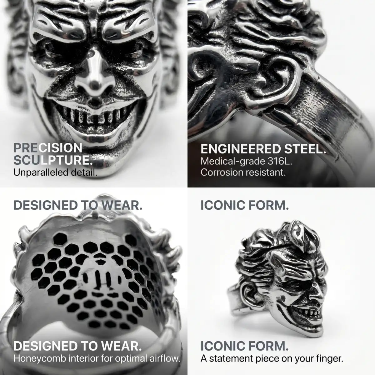 Clown Ring Design Features 316L Stainless Steel Honeycomb Interior Creepy Jester Ring