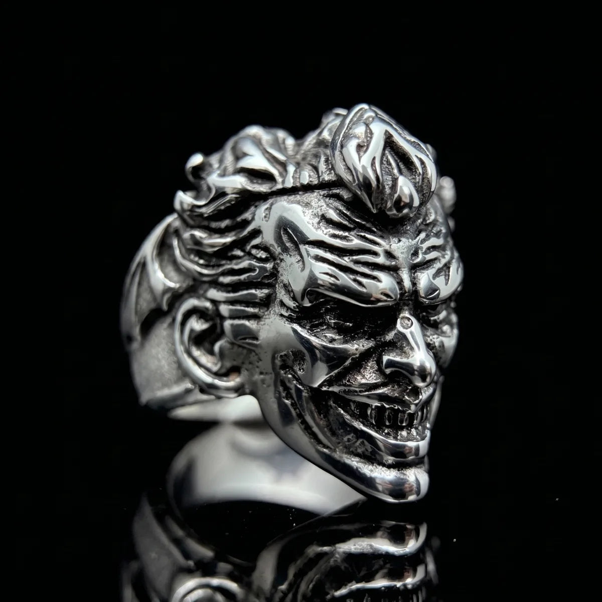 Clown Ring Front View Premium Stainless Steel Evil Jester Jewelry