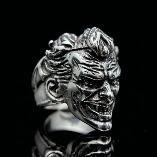 Clown Ring Front View Premium Stainless Steel Evil Jester Jewelry