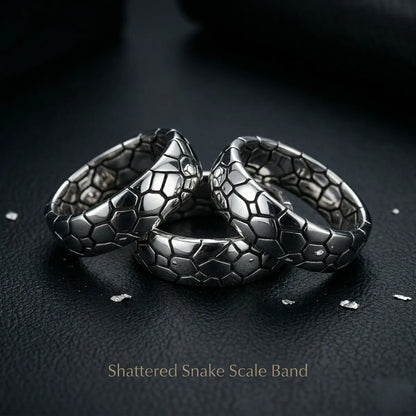 Collection of silver Shattered Snake Scale Bands on dark surface