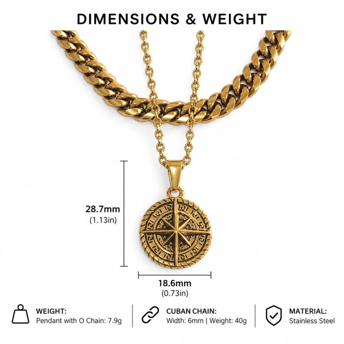compass coin necklace gold dimensions and weight