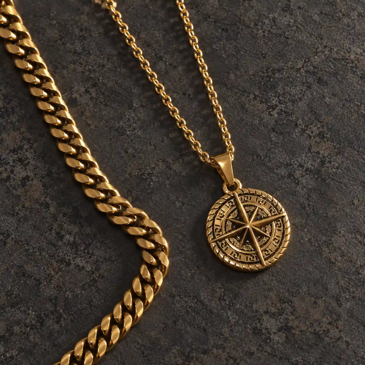 compass coin necklace gold layered set birds eye display