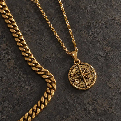 compass coin necklace gold layered set birds eye display