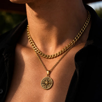 compass coin necklace gold layered set lifestyle black shirt