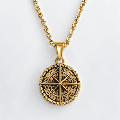 compass coin necklace gold with o chain white background