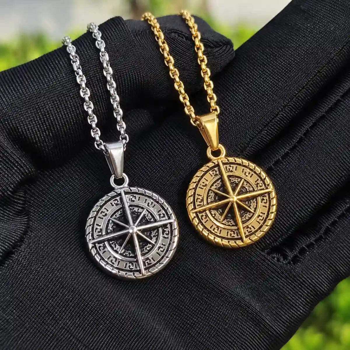 compass coin necklace silver and gold color comparison