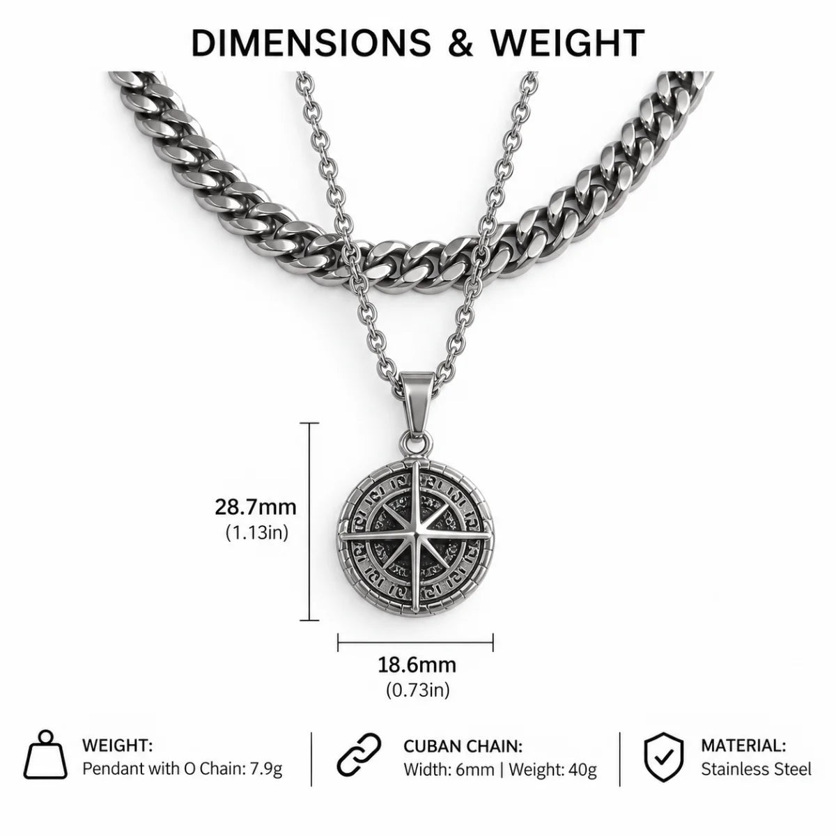 compass coin necklace silver dimensions and weight
