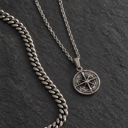 compass coin necklace silver layered set birds eye display