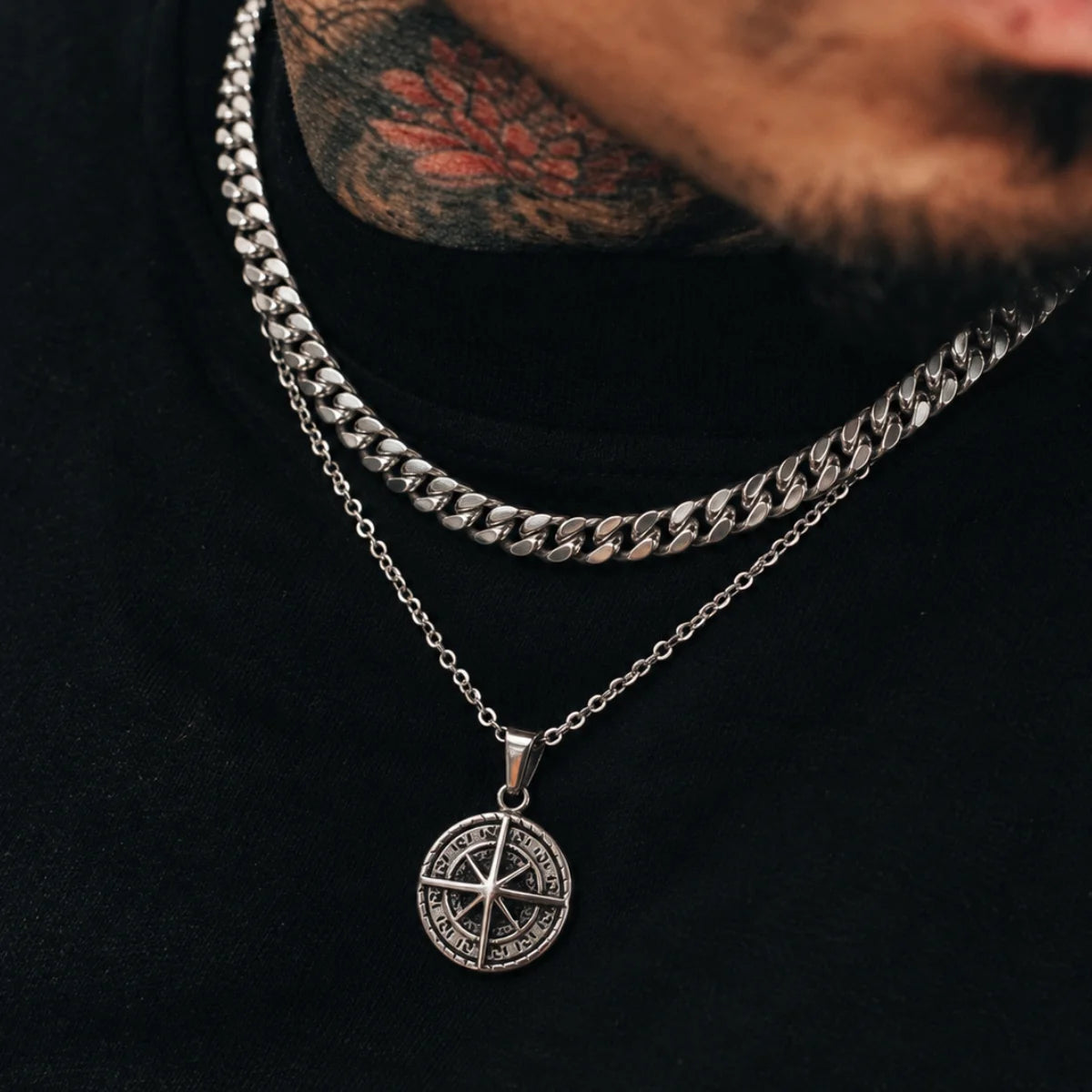 compass coin necklace silver layered set lifestyle black shirt