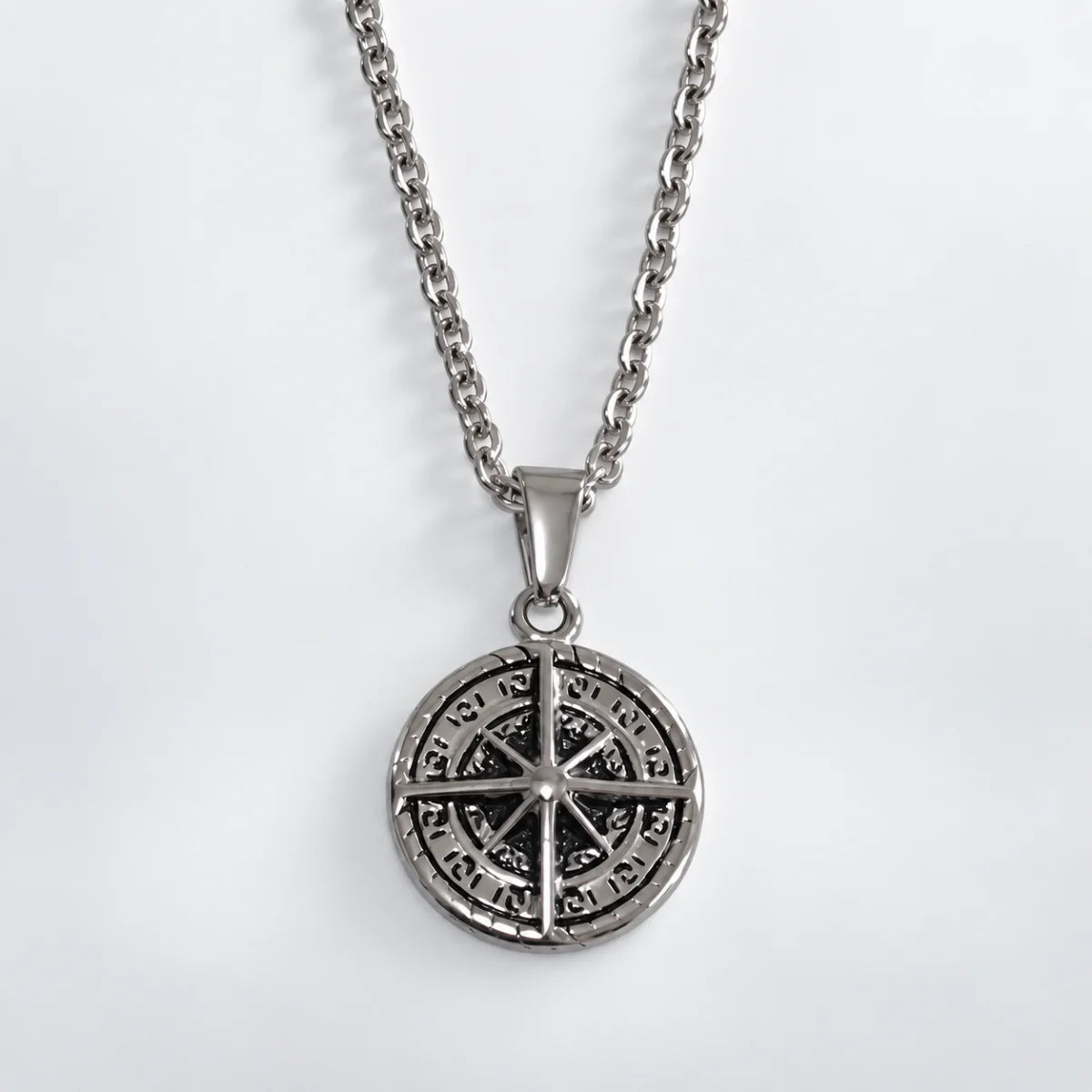 compass coin necklace silver with o chain white background