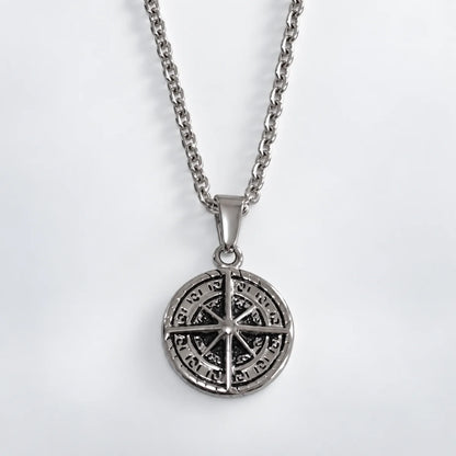 compass coin necklace silver with o chain white background