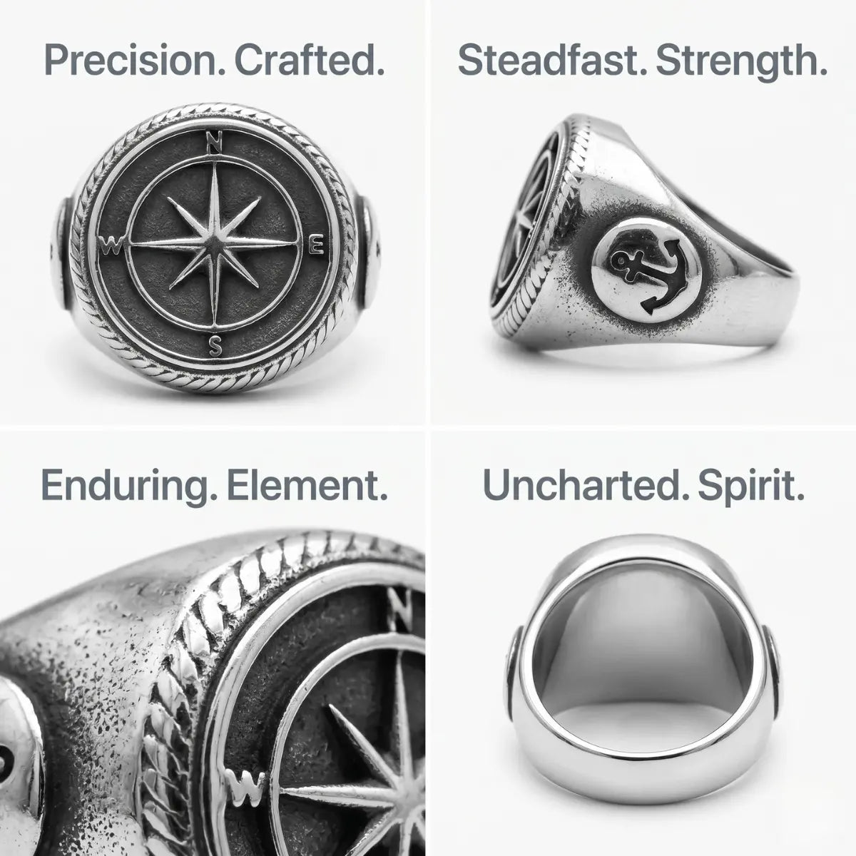 Compass Signet Ring Design Features Anchor Motif Solid 316L Stainless Steel Ring