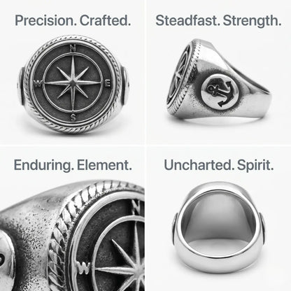 Compass Signet Ring Design Features Anchor Motif Solid 316L Stainless Steel Ring