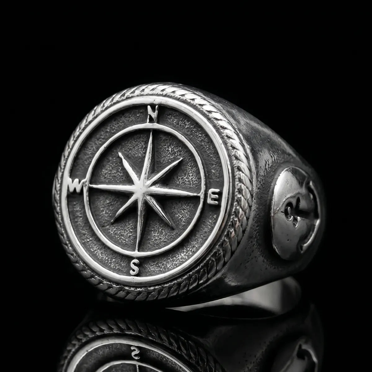 Compass Signet Ring Front View Premium 316L Stainless Steel Mens Nautical Jewelry