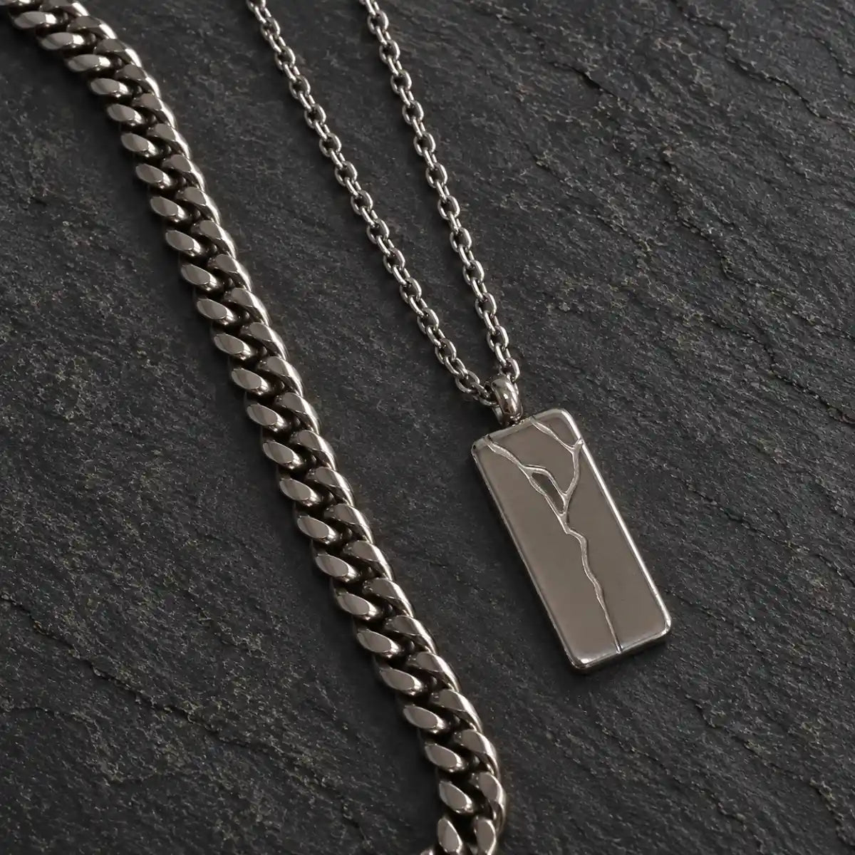 cracked bar necklace silver layered set birds eye display
