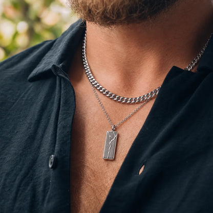 cracked bar necklace silver layered set lifestyle black shirt