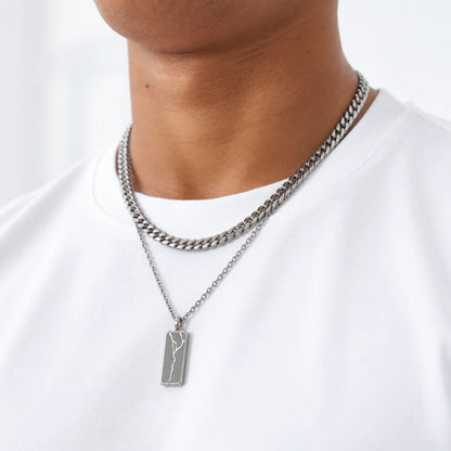 cracked bar necklace silver layered set lifestyle white shirt