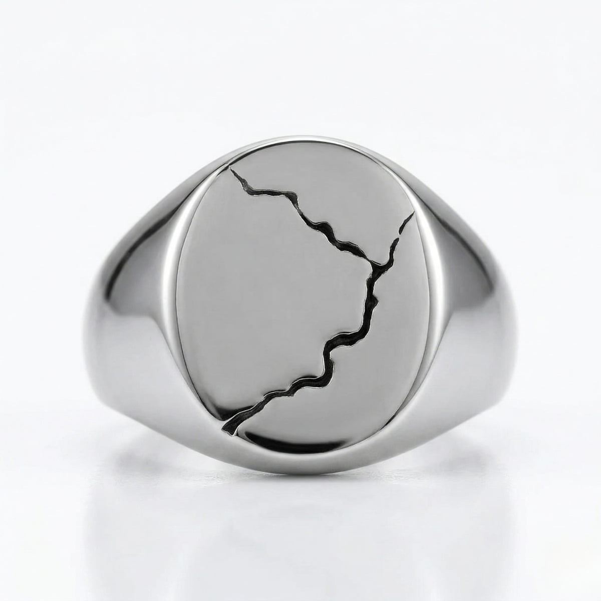 Cracked Signet Ring Oval White Background Minimalist Punk Jewelry