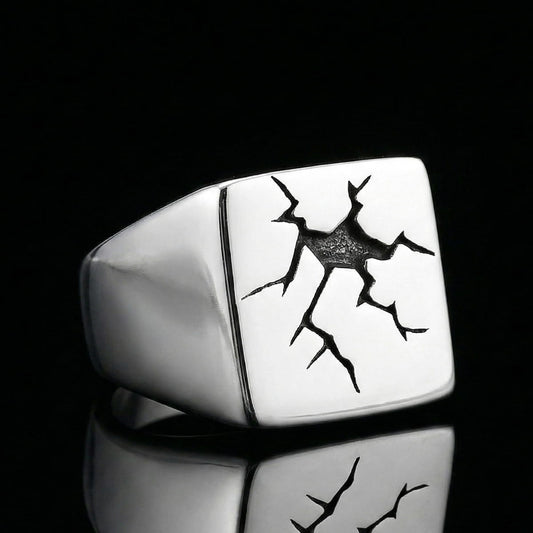 Cracked Signet Ring Square Front View Minimalist Gothic Jewelry