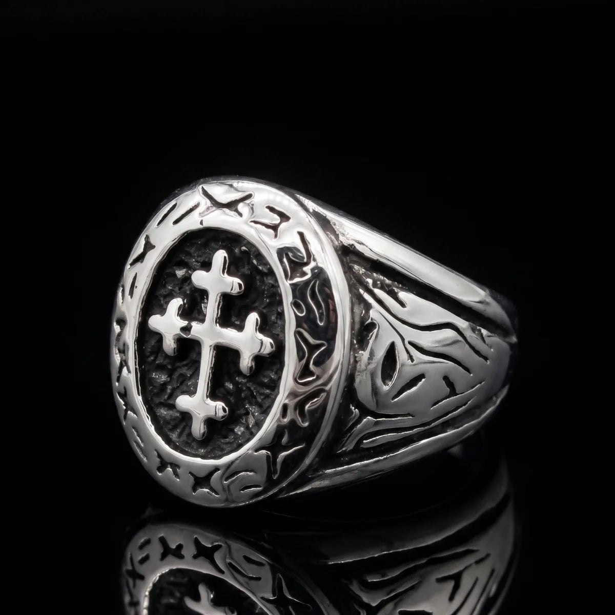 Crusader Cross Ring Front View Premium Stainless Steel Mens Religious Jewelry
